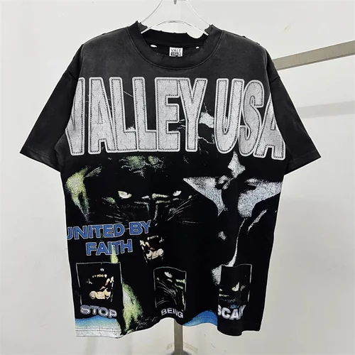 Camisetas americanas de Hip Hop VALLEY para hombres y mujeres 1:1, alta calidad, agujero, negro, lavado, Vale, manga corta de gran tamaño