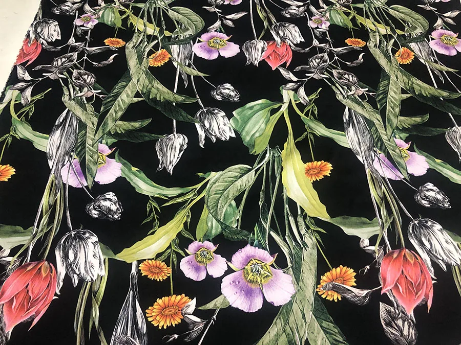 23 Momme High Quality Real Silk Spandex Satin Fabric Black Bottom Idyllic Flower Digital Inkjet Designer