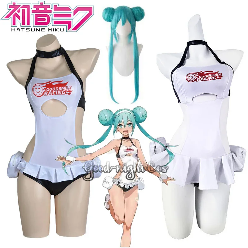 Miku-disfraces de cosplay de carreras de anime, traje de baño blanco con peluca sexy, traje de soporte, dos estilos, para Halloween, 2022