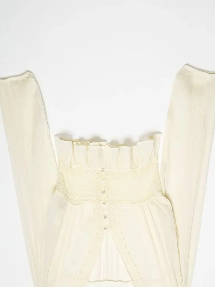 

Женская повседневная модная блузка HH с кружевом и тюлем, декорированная пуговицами, короткая, с длинными рукавами, V-образным вырезом, универсальная, однотонная, весенняя