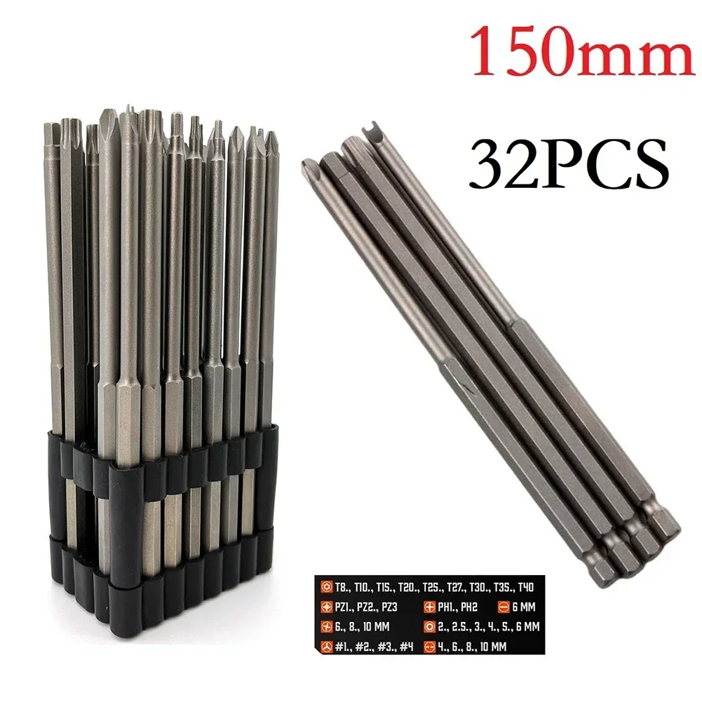 32pcs 150mm Push Button Switch Screwdriver Bit Set Long Torx Tamper Proof Spanner 1/4inch Hex Shank PH1 PH2 PZ1 PZ2 Part Tool