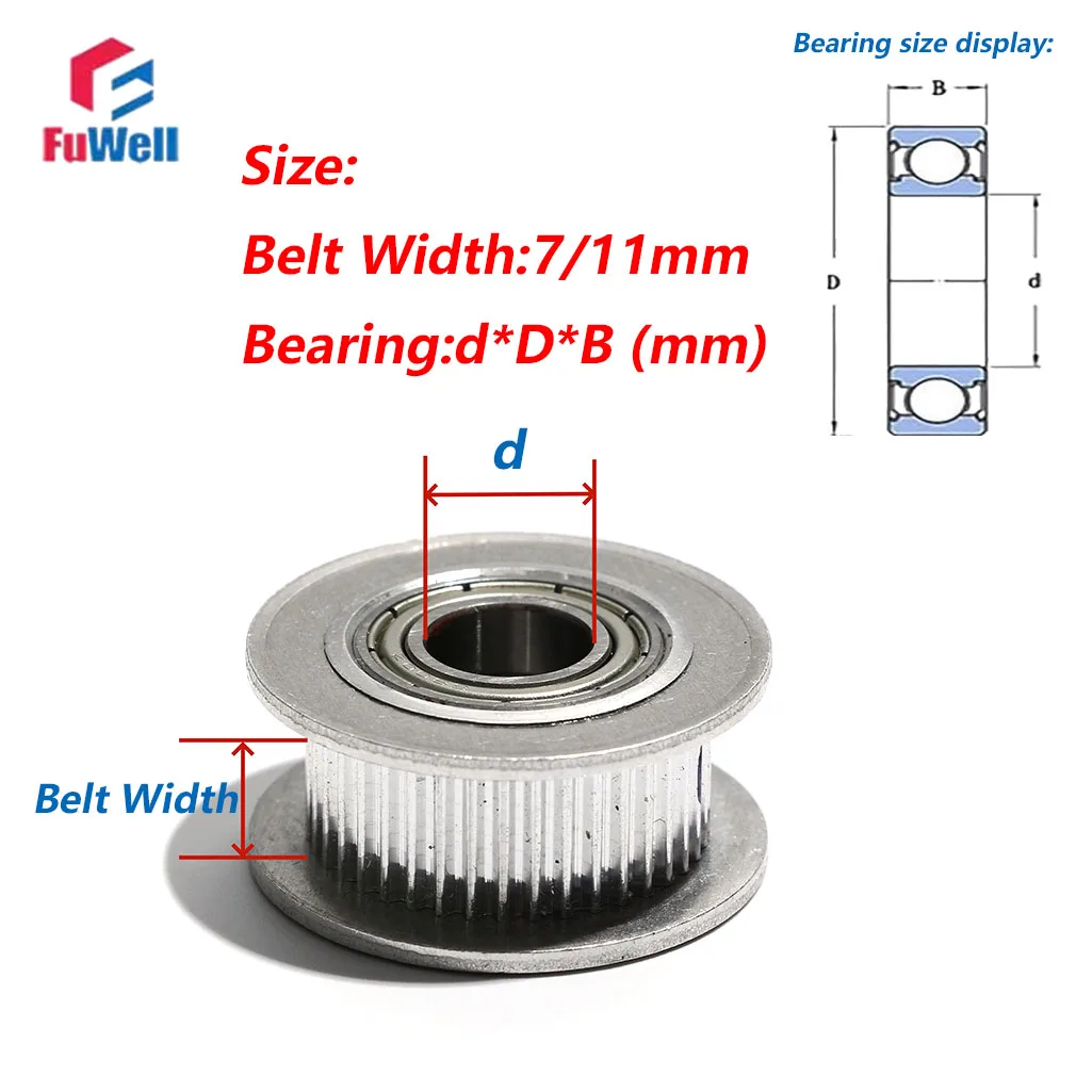 FuWell 20/22/24/25T 2GT Idler Timing Pulley With Bearing Bore 3/4/5/6/7/8/9mm for Width 7/11mm 3D Printer Synchronous Pulley GT2