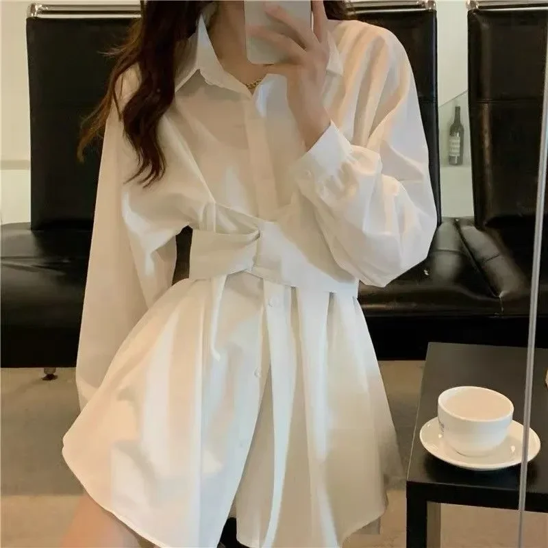 

Women's Waist Cinched White Shirt Dress Casual Long Sleeve Button Down Tunic