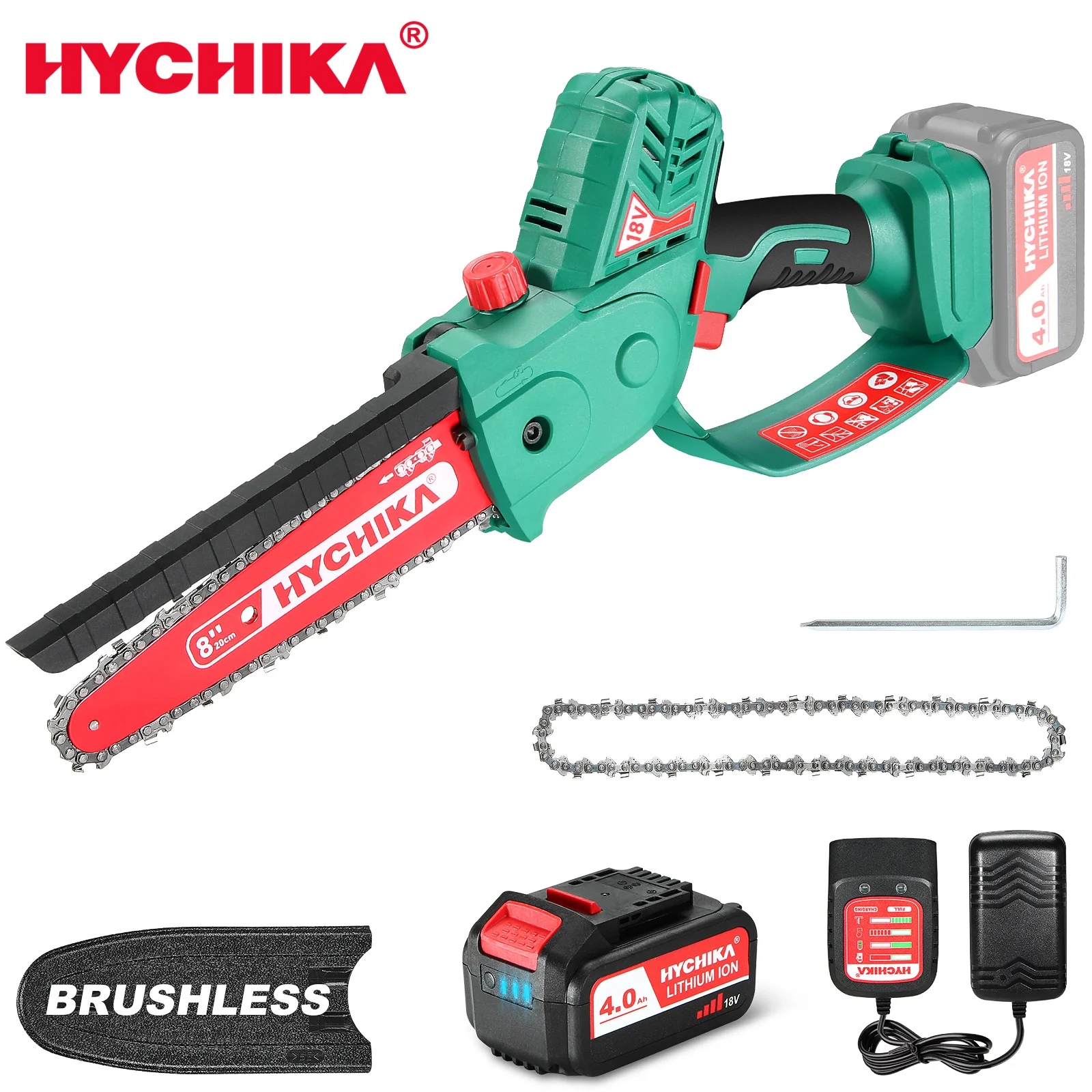 HYCHIKA Brushless Cordless Chain Saw 18V 6 Inch Mini Rechargeable Chainsaw with Battery-powered Electric Saw Tools for Cutting