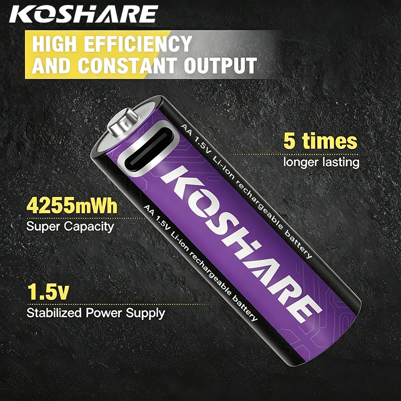 

KOSHATE 4Pcs 1.5V Constant Voltage Rechargeable Lithium Batteries AA 4255 mWh With USB-C Cable For Fashlight Remote Control Toys
