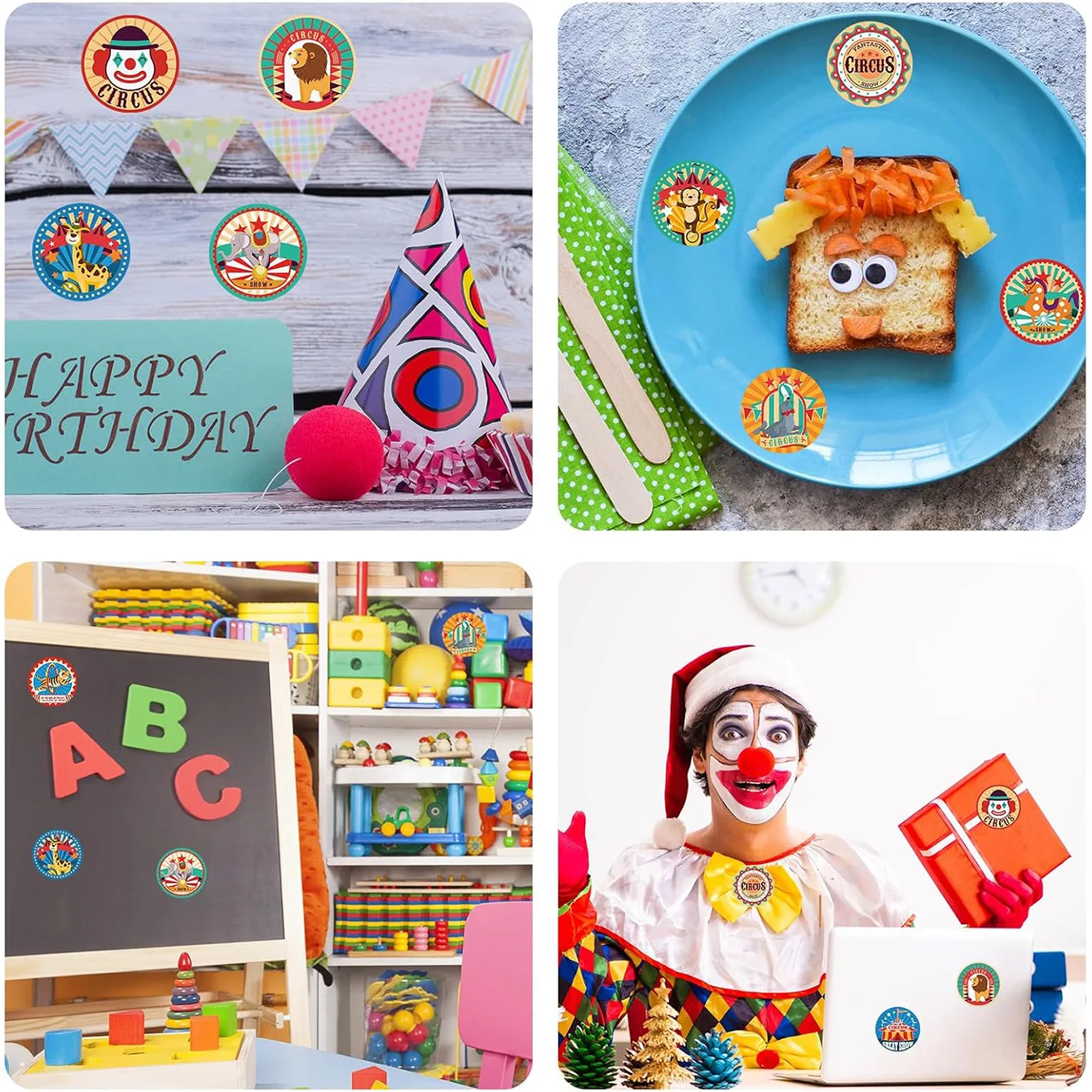 1000 قطع كرنفال السيرك ملصقات الحفلات كرنفال تحت عنوان الحيوان مهرج تسميات ملصق هدايا الحفلات لأختام مغلف عيد الميلاد