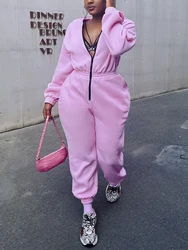 LW Zipper Up Fall Winter One Piece Pink Letter Loose Sweat Jumpsuit Deep V Neck Sporty Cargo Long Pants Romper with Pockets