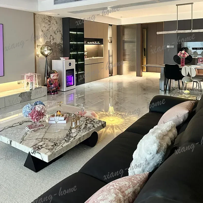 LJY Contemporary Suspended Marble Coffee Table Square Snow Mountain Pattern Center Table for Modern Living Room Furniture