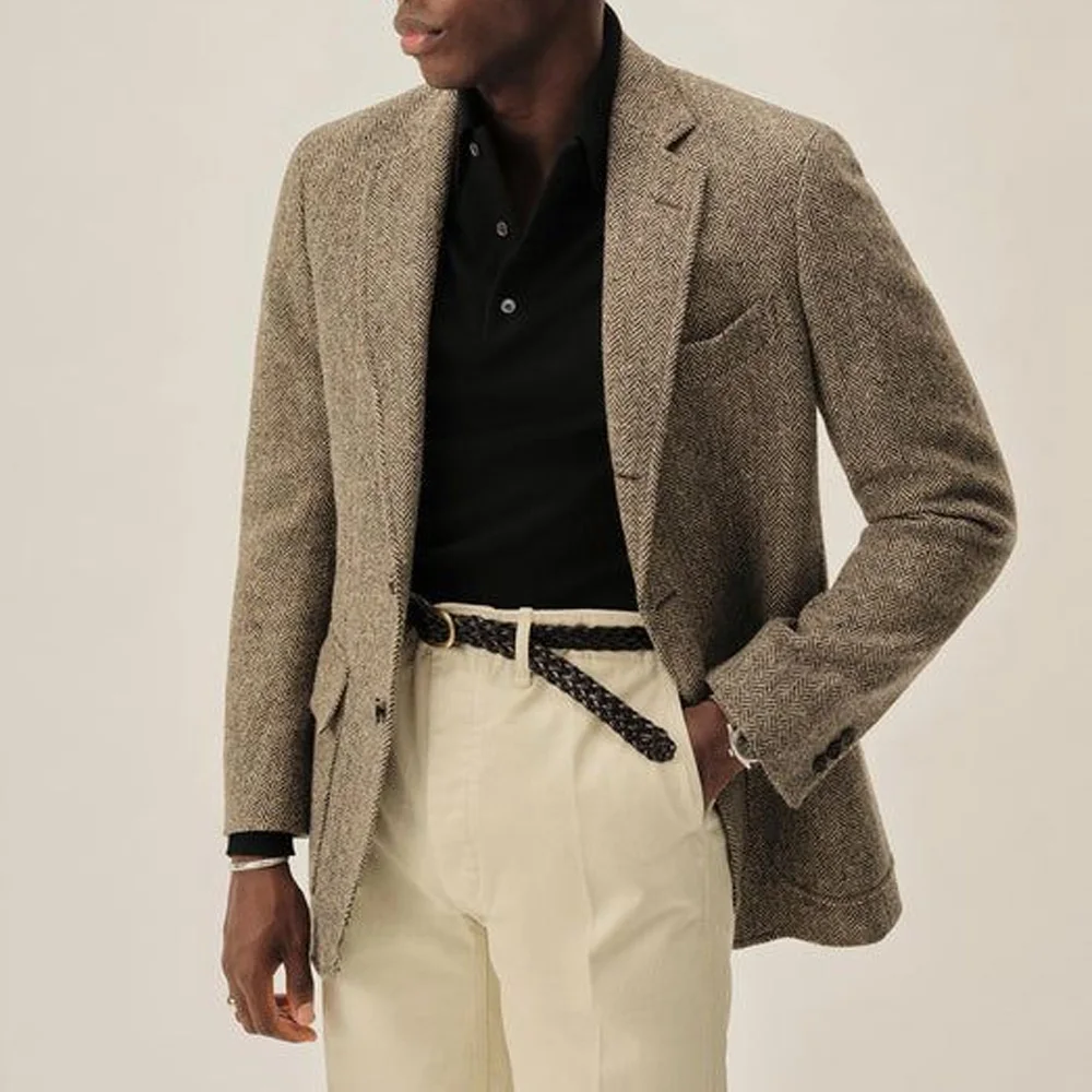 

Casual Men's Social Coat Notch Lapels Suit Jackets for Man Jackets High Quality Business Vintage Herringbone Fabric Fashion