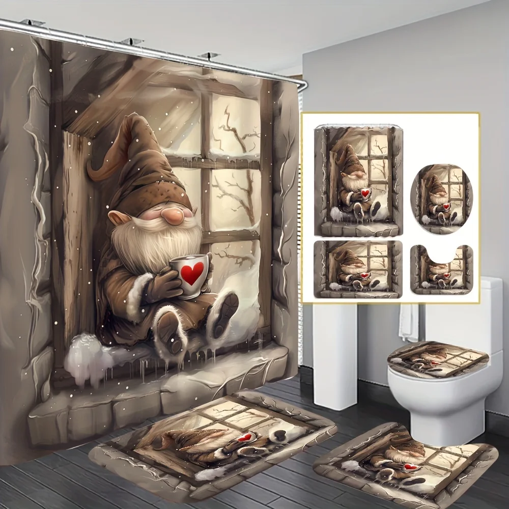 4Pcs Gnome Coffee Print Bath Set,Shower Curtain,Non-Slip Mat, Toilet Cover, Bath Rug, 12 Hooks, Bathroom Accessories, Home Decor