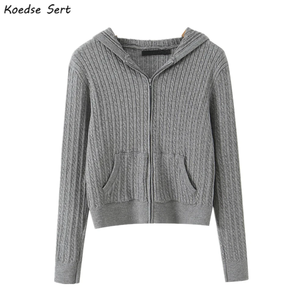 

Осень 202, винтажный вязаный кардиган с капюшоном, женский свитер с открытой молнией и передними карманами, трикотаж, серый, бежевый, черный