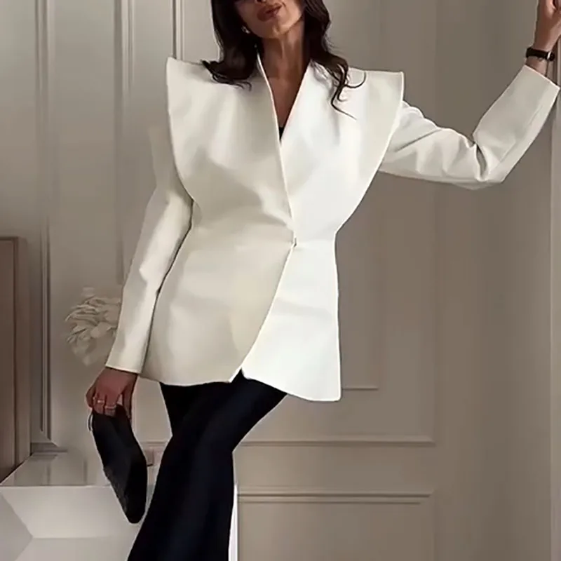 

Новинка 2025, женский пиджак на пуговицах с лацканами, элегантная офисная однотонная свободная верхняя одежда, модное темпераментное пальто с длинными рукавами и лацканами