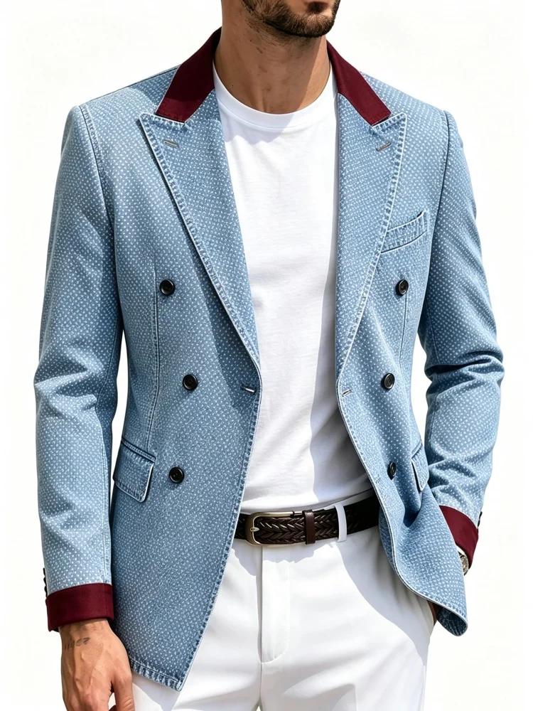 Mens Slim Fit Double Breasted Blazer Faux Denim Dots Suit Jacket Contrast Wine Red Lapel Casual Men Sport Outerwear