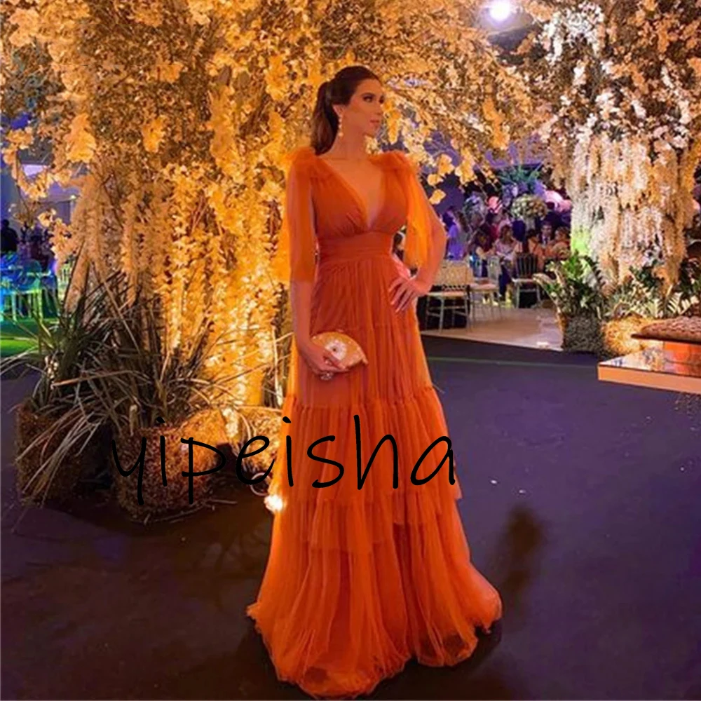 Customized Simple orange Tulle Evening Dresses Deep V-neck Tiered Draped Half Sleeves A-line Floor Length Pageant Party Gowns