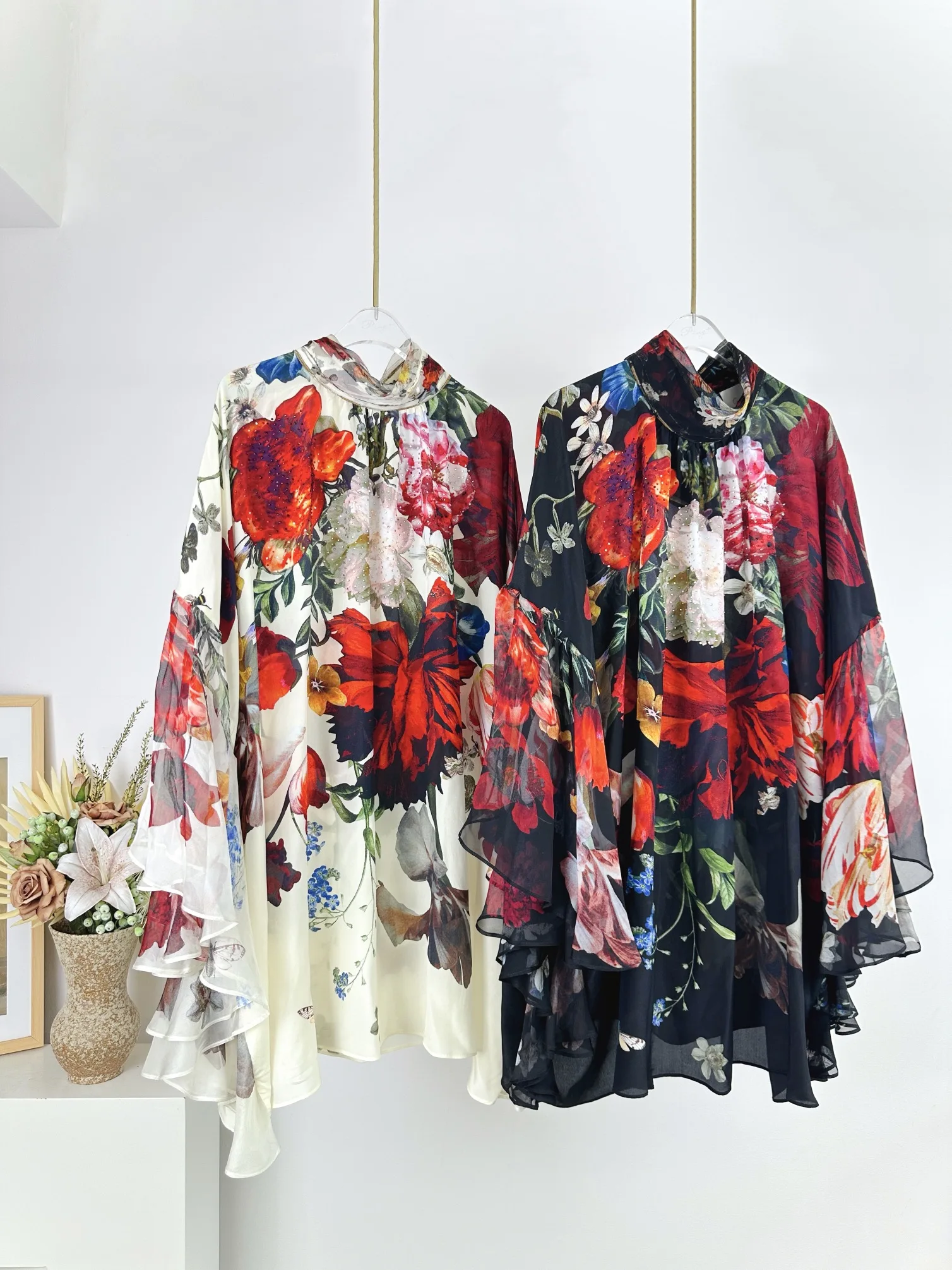 Women Stand Collar Lace-up Flower Printed Full Sleeve Silk Mini Dress