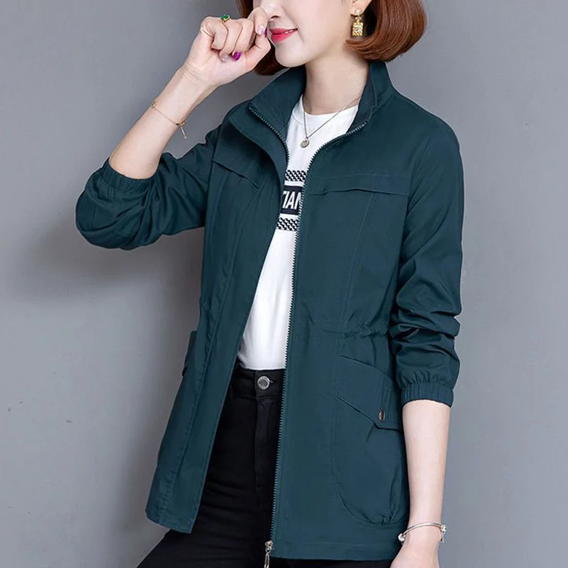 Mom Outfit Spring and Autumn New Stand Collar Jacket Solid Color Zipper Pockets Leisure Appears Thin Versatile Long-sleeved Coat