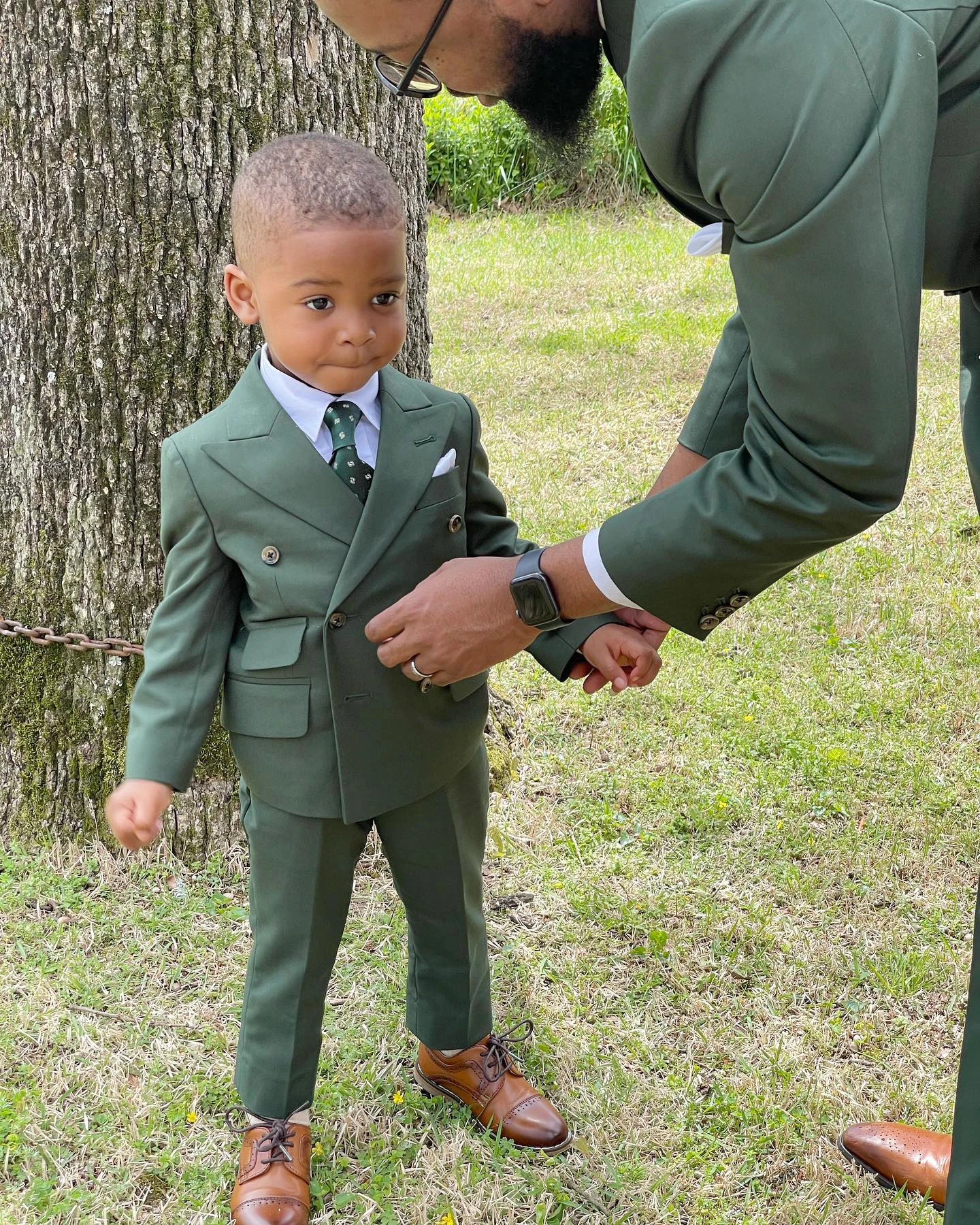 Manteau et pantalon deux pièces vert foncé imbibé parent-enfant, smoking formel pour marié d'affaires, tissu fin pour fête de mariage, un ensemble séparé