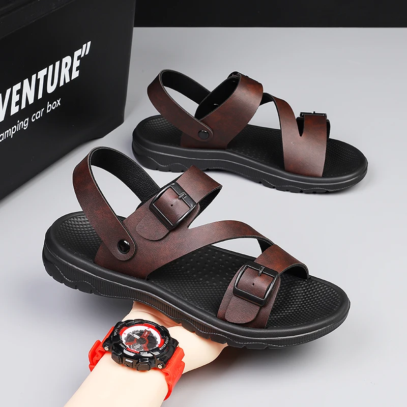 

Roman Shoes Beach Flip-Flop Garden Shoes Outdoor Casual Sport Slippers PU Leather Non-slip Breathable Summer Sandals for Men