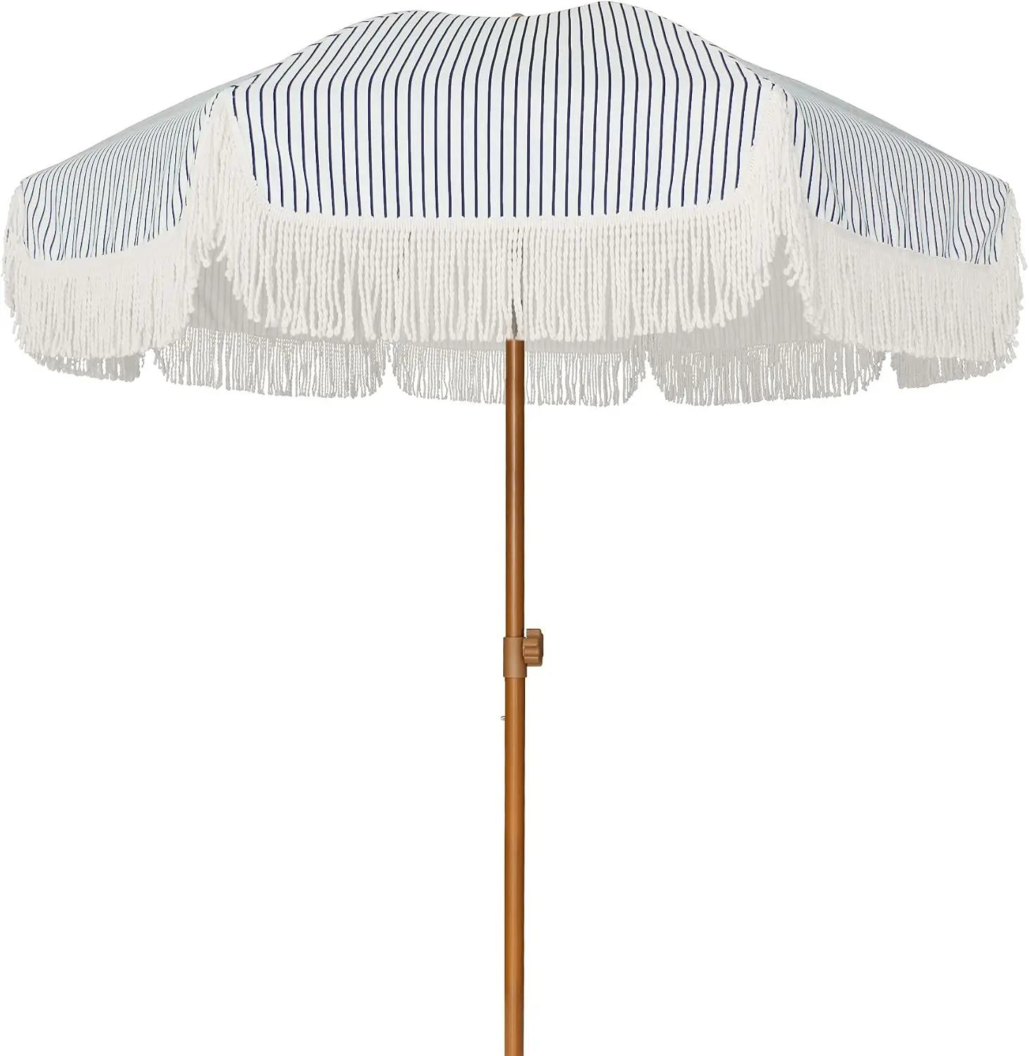7ft Patio Umbrella With Fringe Tassel Canopy Sun Shade UPF50 Anti UV Protection Heavy Duty Steel Frame Push Button Tilt Outdoor Garden Backyard Lawn Storage Bag Navy Blue Stripes 1 Pack