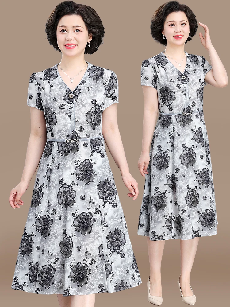

Ele Midlife Mom Summer Dr ort Sve Chiffon Skirt Faionable Senior Women's Clothing Long Dr V-ne Button Closure