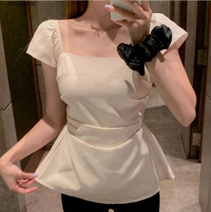 Hauts péplum à lacets, couche drapée, mignons et doux pour filles du japon, rétro, solide, col carré, taille fine, chemisiers Design Chic Y2K