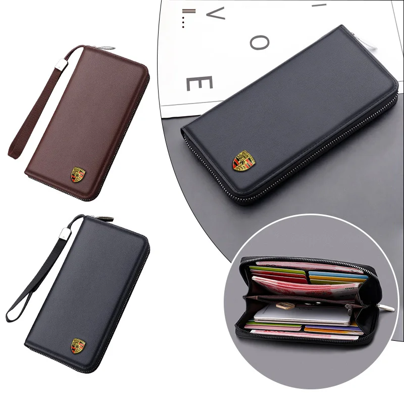 Leather Car Logo Wallet Driver Licence Storage Purse Accessory For Porsche Panamera Carrera Macan Boxster Cayman Cayenne 911 718