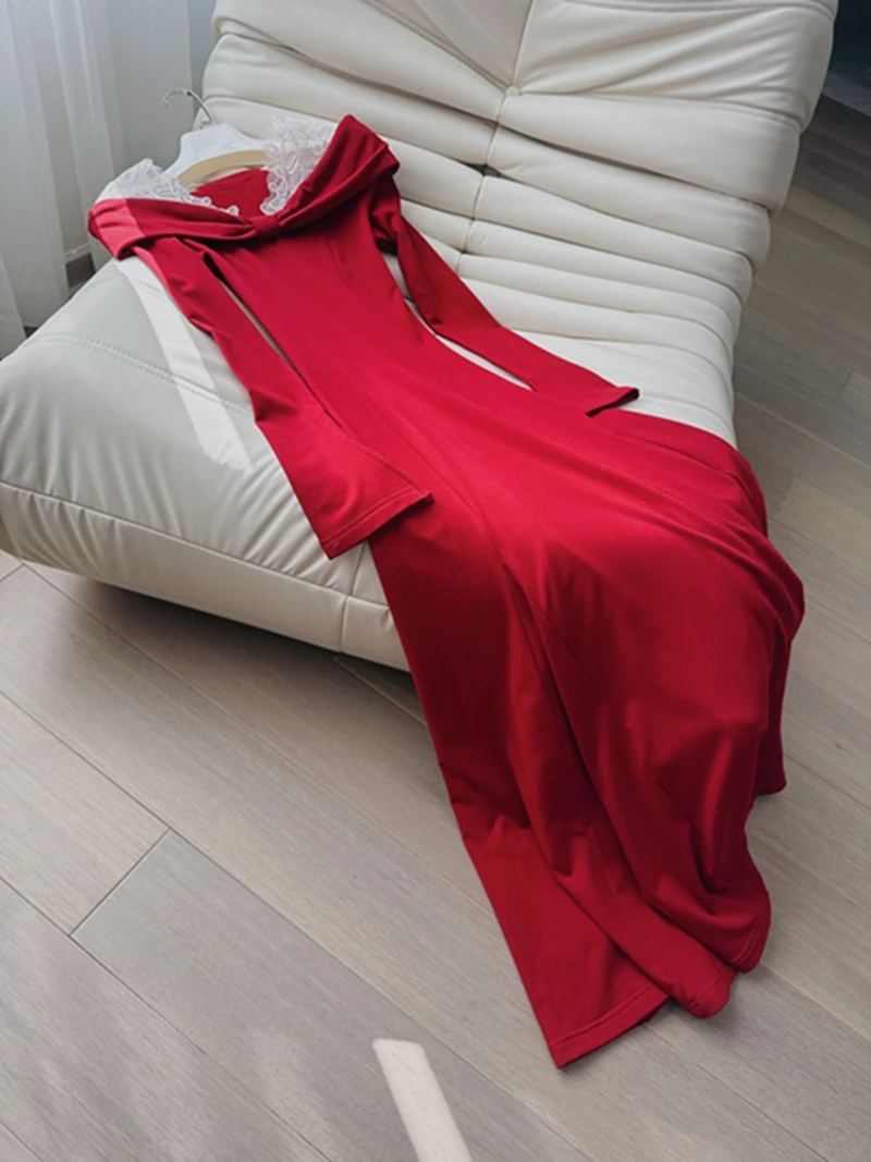 

Red Knitted Fce Lined Slim Fit Lace One oulder New Year Visiting Dr Ele High Waist A-Line Skirt Long Sve Cotto...