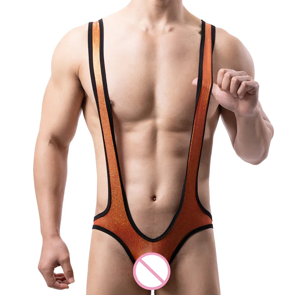 

Men's Undershirts Lingeries Bodysuits Shiny Bulge Pouch Underwear One-pieces Wrestling Singlets Leotards Gay Jumpsuits Costumes