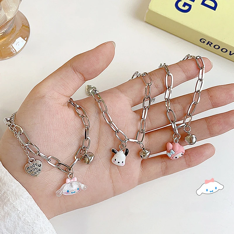 Sanrio Kawaii  Adjustable Bell Bracelet Cinnamoroll Kuromi Pompompurin My Melody Pochacco Cartoon Bracelet Anime Birthday Gift