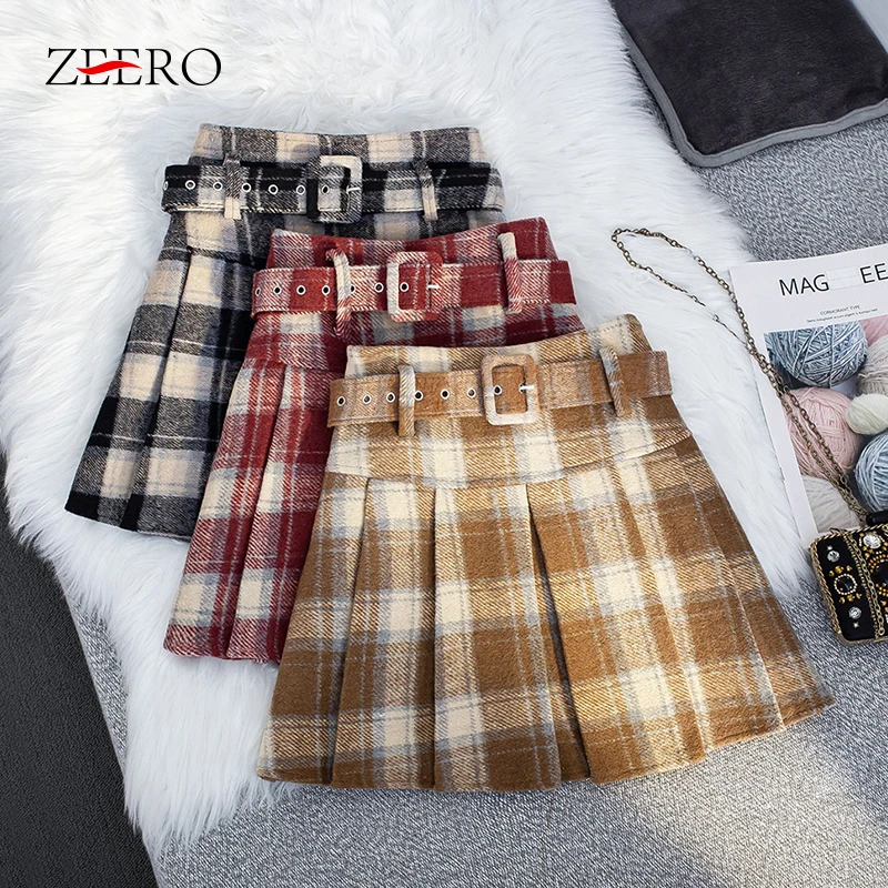 Pretty Style Spring Autumn Women Plaid Mini Tweed Skirt High Waist Schoolgirl Sweet Kawaii A-Line Short Thick Pleated Skirts