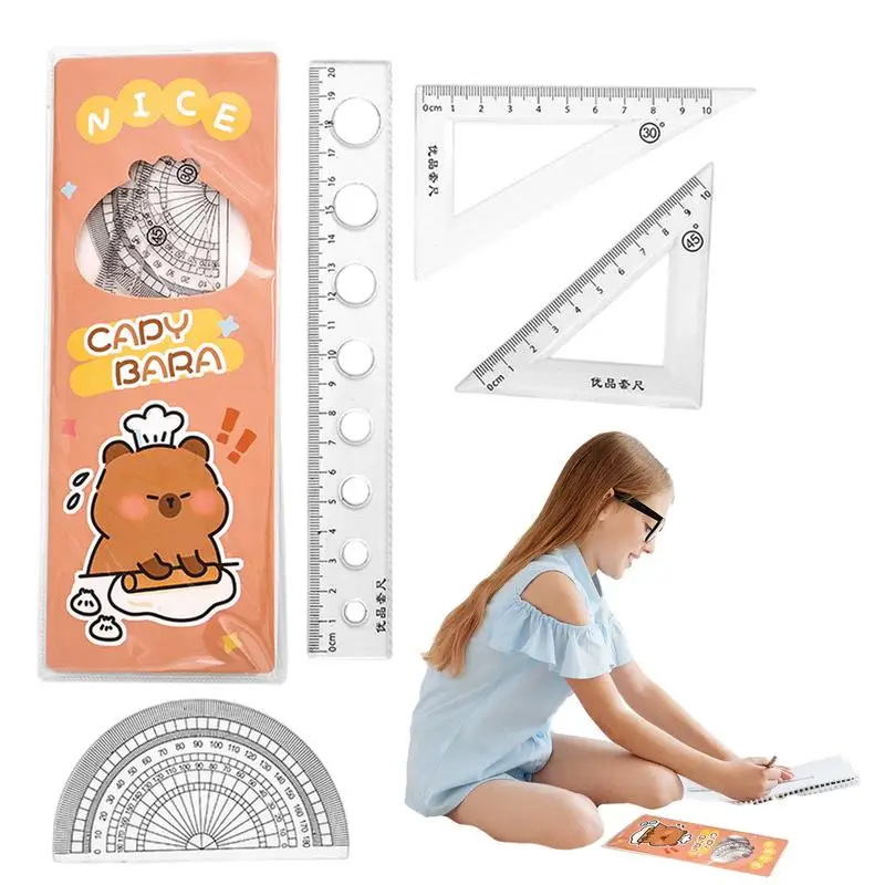 그림 눈금자 만화 카피바라 눈금자 세트, 휴대용 귀여운 카피바라 눈금자 세트, 직선 눈금자 삼각형 눈금자 각도기, 수학 기하학