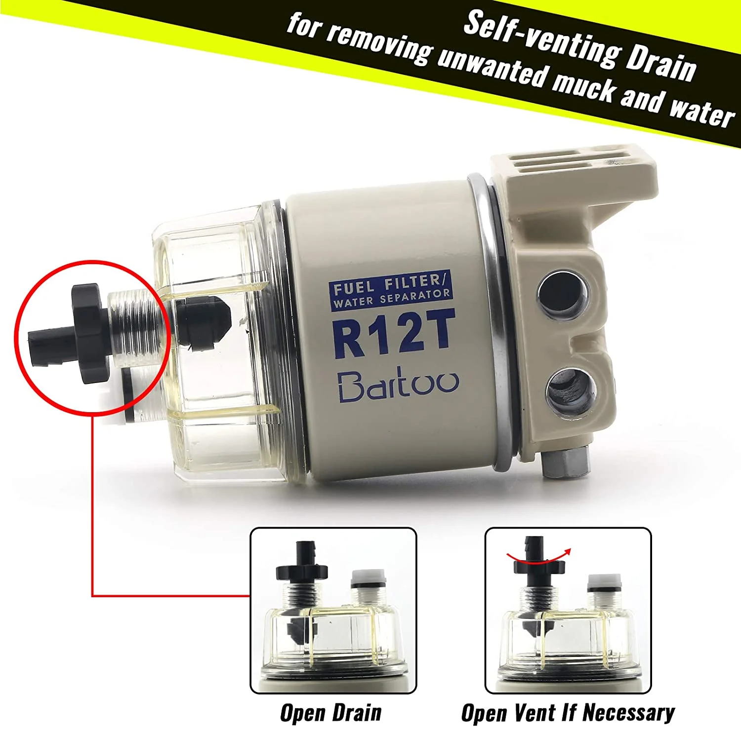 R12T Fuel Filter Water Separator Complete Kit - Marine SPIN-ON R12T Filter Replaces S3240 120AT NPT ZG1/4-19 Fit 3/8 Inch NPT Ou