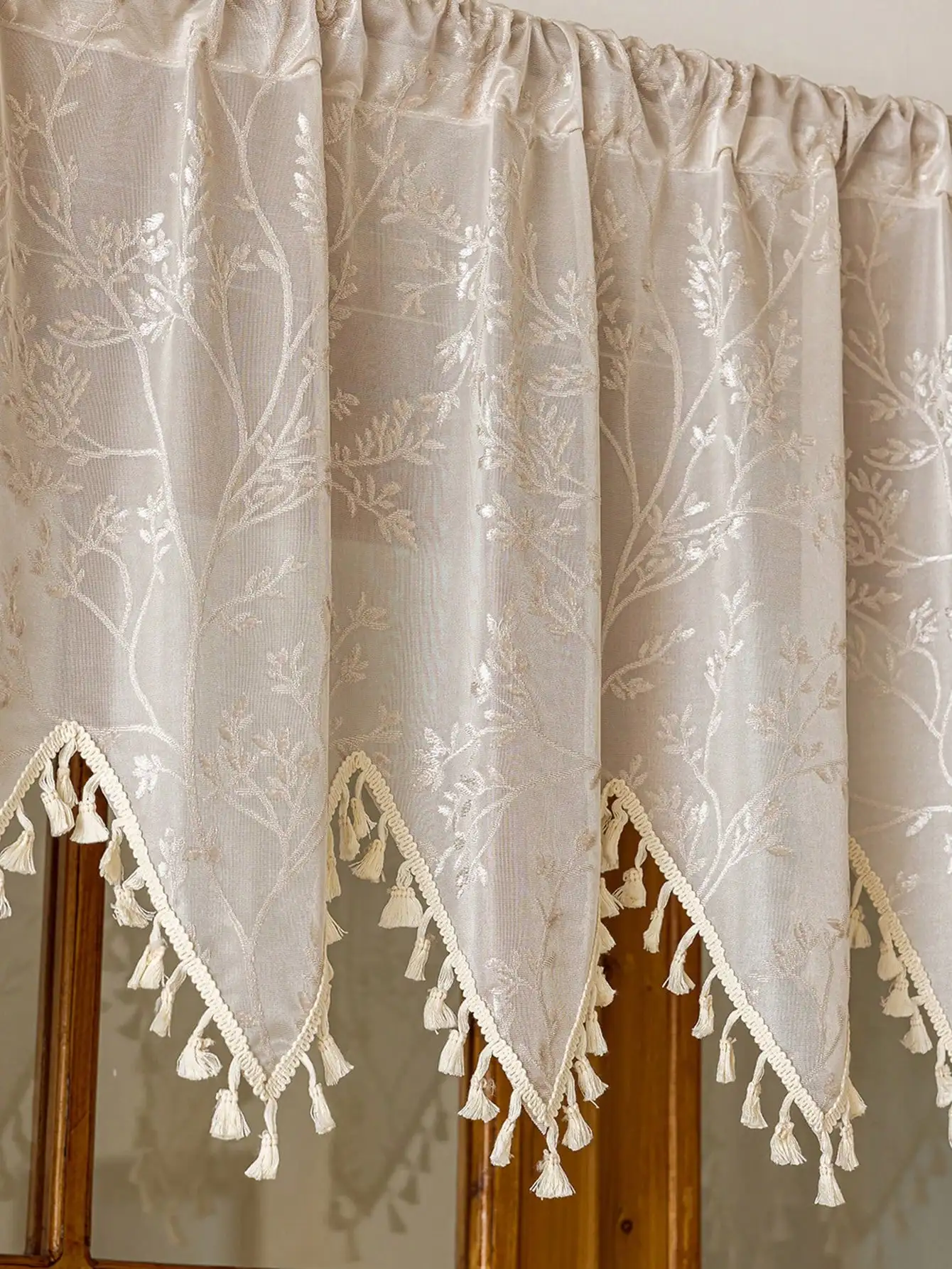1Pc Beige Kitchen Curtain Half Partition Curtain with Embroidered Branch Pattern And Lace Trim for Home Decor