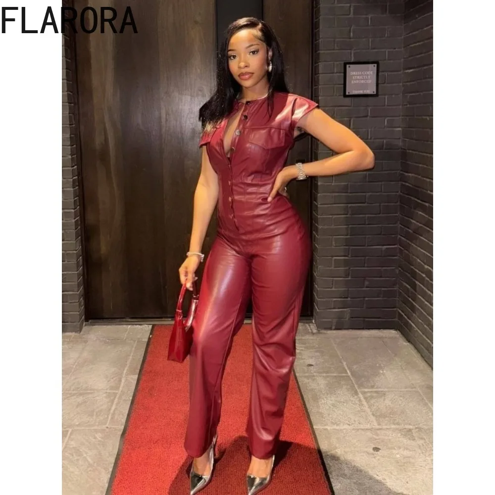 

FLARORA Fashion PU Jumpsuit Women Single-Breasted Fake Pocket Sleeveless One Piece Overalls Streetwear Workout Activity Clothing