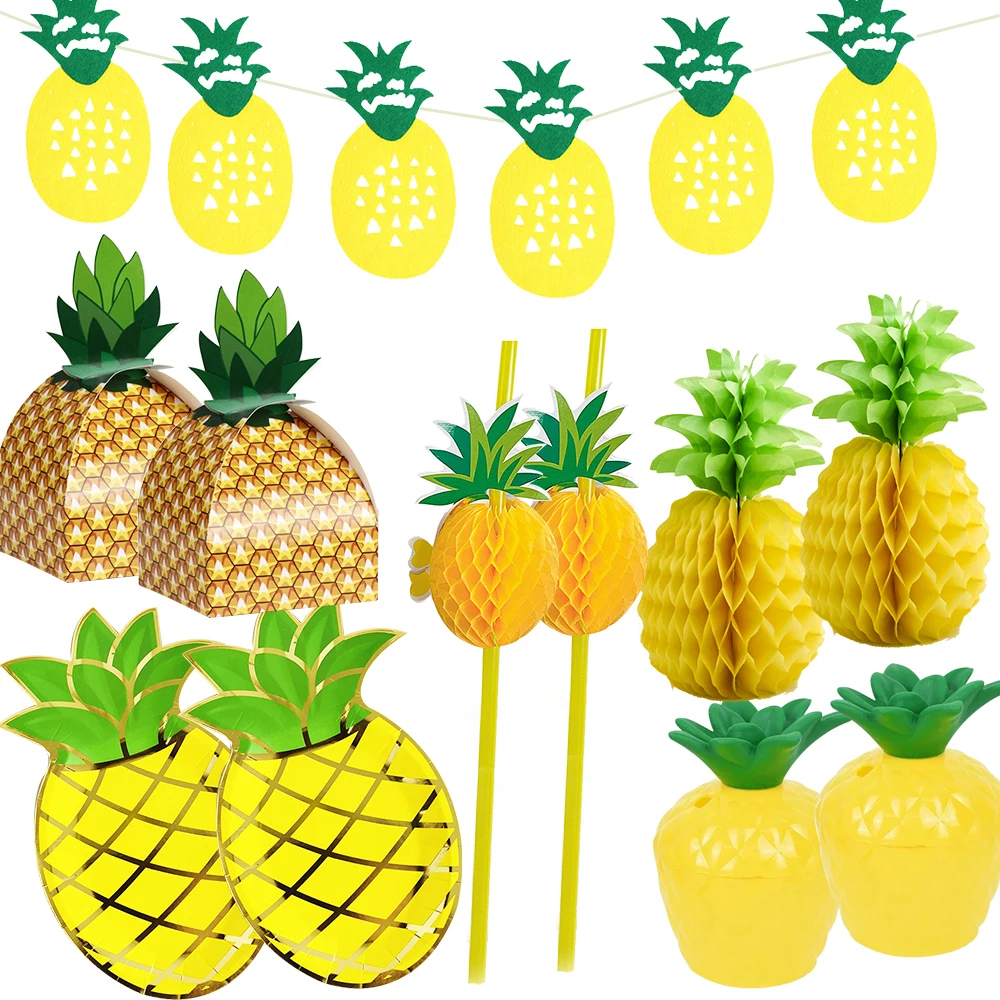 1Set Pineapple Candy Boxes Paper Plates Cake Toppers Straws for Kids Birhtday Party Decoration Summer Pool Birthday Party Supply