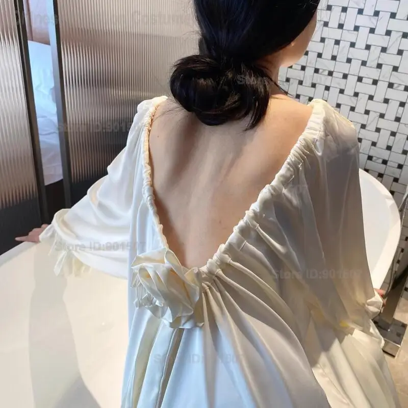 

Rayon Women Nightgown Court Style Backless Nightdress White Rose Long Sleepwear Casual Nightwear Fashion Home Dress Summer New