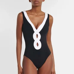 Traje de baño de una pieza para mujer, bañador Sexy con cuello de pico profundo, corte de bloque de Color, ropa de playa de verano, conjunto de bikini de 2 piezas