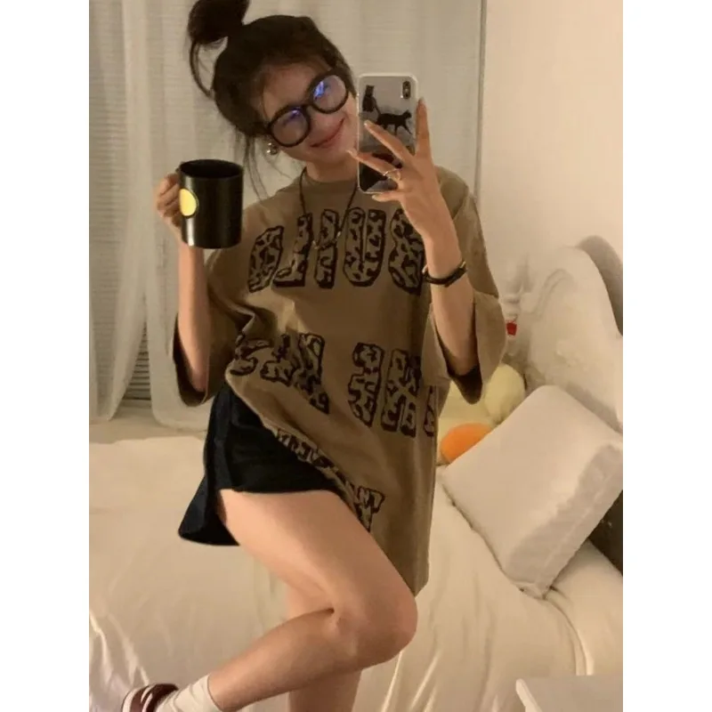 Brief Print Puur Katoen Dames Korte Mouwen T-shirt Amerikaanse Vintage Y2k Vrouw Kleding Modieuze Loose Fit Veelzijdige Tops