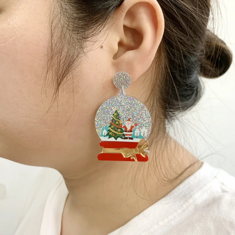 بريق الكريستال الكرة شجرة عيد الميلاد الأقراط للنساء ، الأقراط لطيف ، عيد الميلاد ، سانتا كلوز ، الاكريليك تتدلى القرط ، هدية