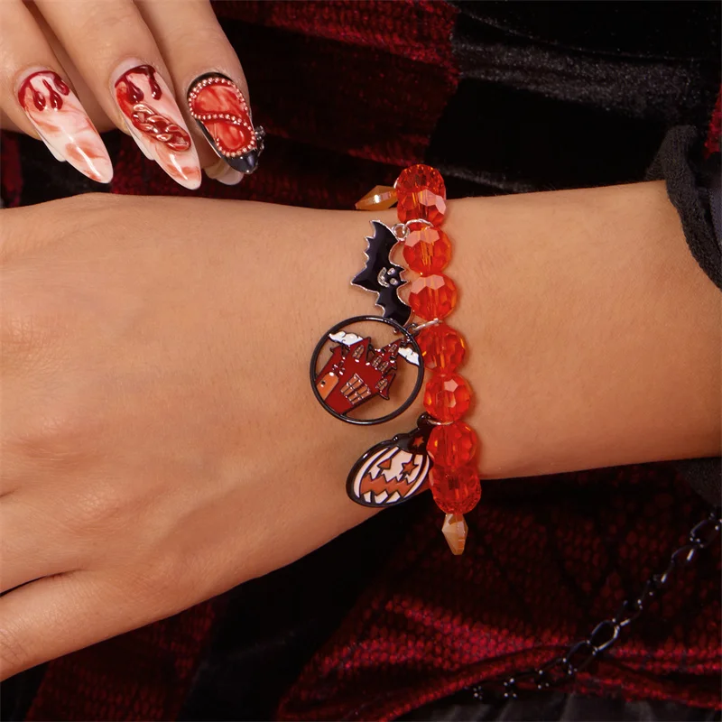 Cartoon Halloween funny Ghost Bracelet for Women Cute Pumpkin Spider Bats Crystal Elastic Chain Trick or treat Jewelry Gift