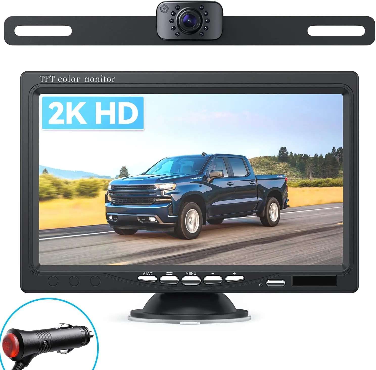 

7'' HD 2K Front/Rear View Camera Kit with Night Vision, Waterproof, DIY Grid Lines for Trucks and RVs