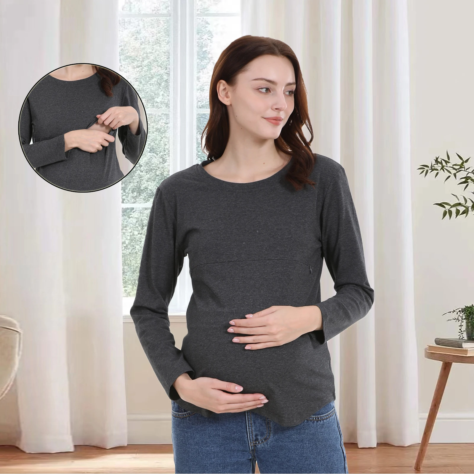 

Breastfeeding T Shirt Maternity Clothes Long Sleeve Pregnancy Loose Hem Nursing Tee Spring Autumn Good Stretch Cotton