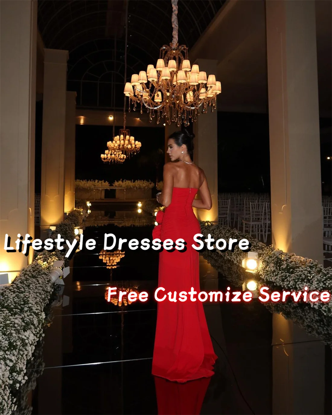 Customized Red Chiffon Flowers Evening Dresses High Slit Sleeveless Vintage Long Prom Dresses Wedding Formal Party Gown