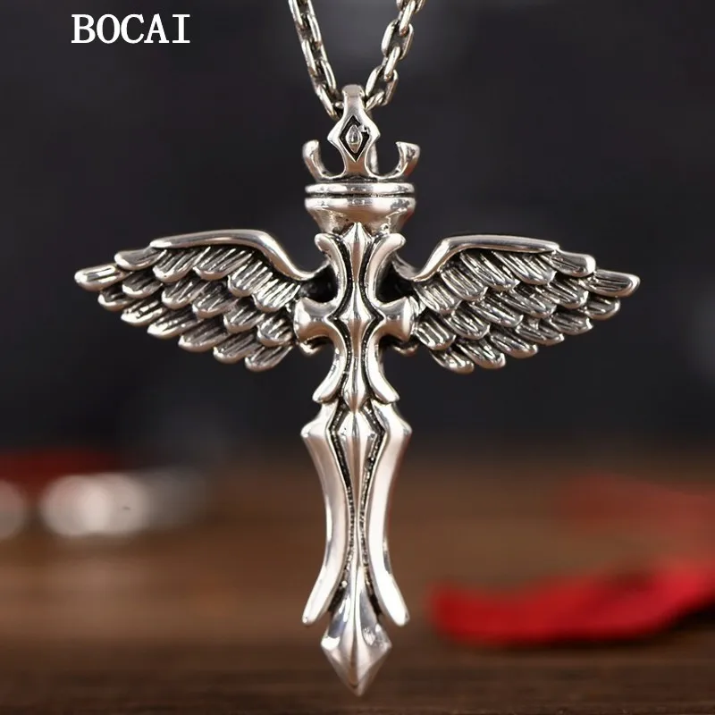 

BOCAI New S925 Sterling Silver Jewelry Retro Fashion European and American Style Angel Wings Pendant Couple Gift