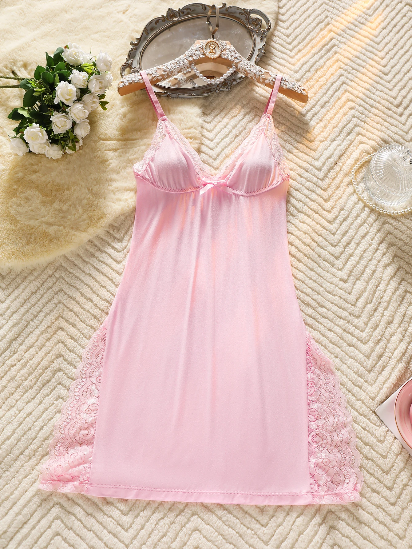 

Elegant Lace Trimmed Nightgown for Women - Soft, Breathable & Seductive Sleepwear for Romantic Evenings