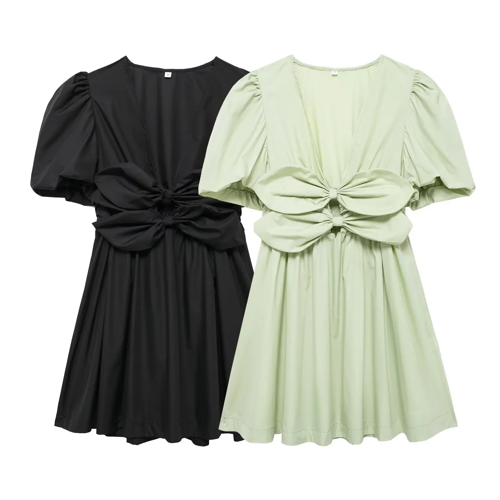 

Women's New Fashion Bow Decoration Wide pleated V Neck Mini Dress Retro Short Sleeve Elastic Waist Women's Dress Vestidos Mujer