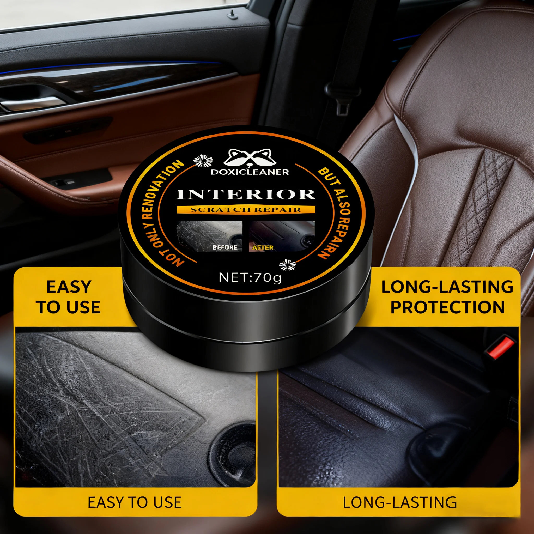 معجون تلميع مرمم بلاستيك السيارة 70 جرام - الإطارات، تألق ومصد داخلي وحماية، لمعان طويل الأمد، العناية ببلاستيك السيارات