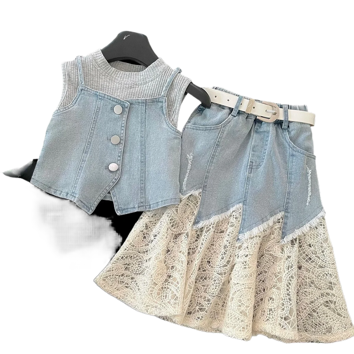 2026 New Summer Girls 3Pcs Outfit, Lace Spliced Irregular Denim Skirt & Denim Cami Top Set   for  90-150cm