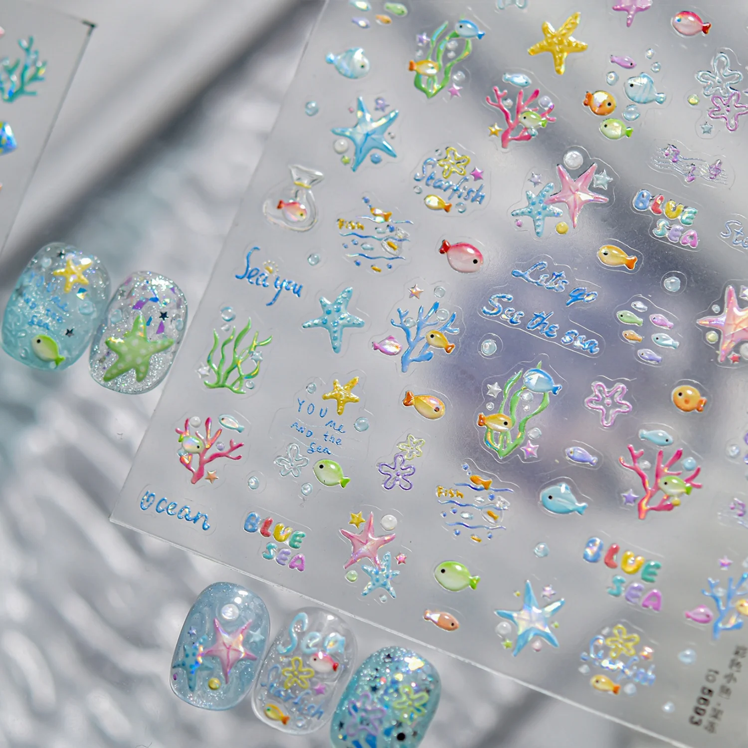 1 Stück 5D Bunte Fisch Seestern Korallen Seegras Muschel Blasen Ozean Nagelkunst Aufkleber Transparente Gelee Tropische Fische Geprägte Nagelsticker