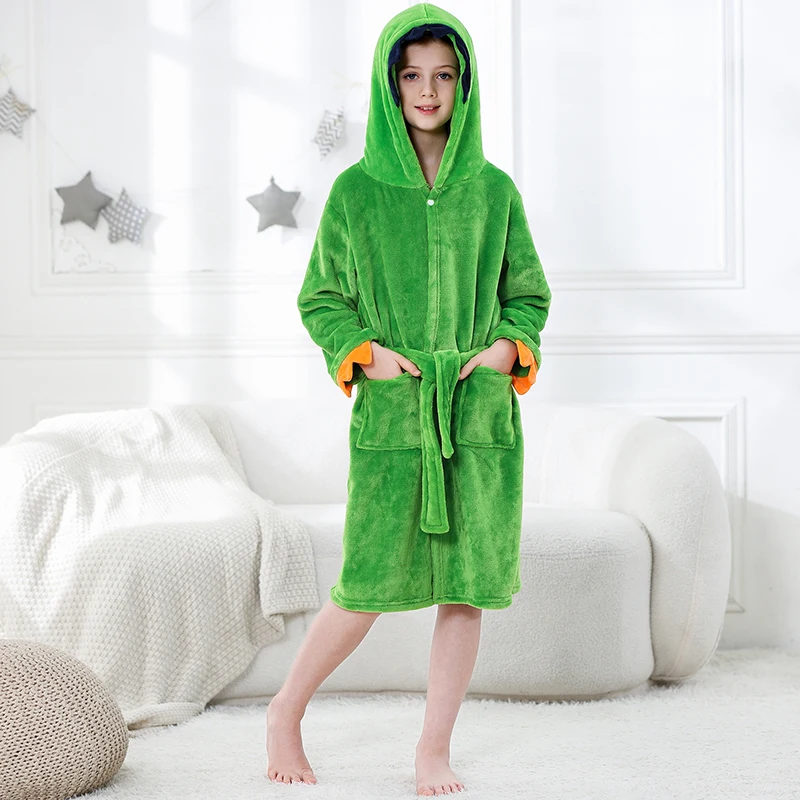 

Новые фланелевые банные халаты для детей, пижамы для мальчиков с динозавром, коровой, акулой, Детские фланелевые пижамы с капюшоном в виде животных, одежда для сна